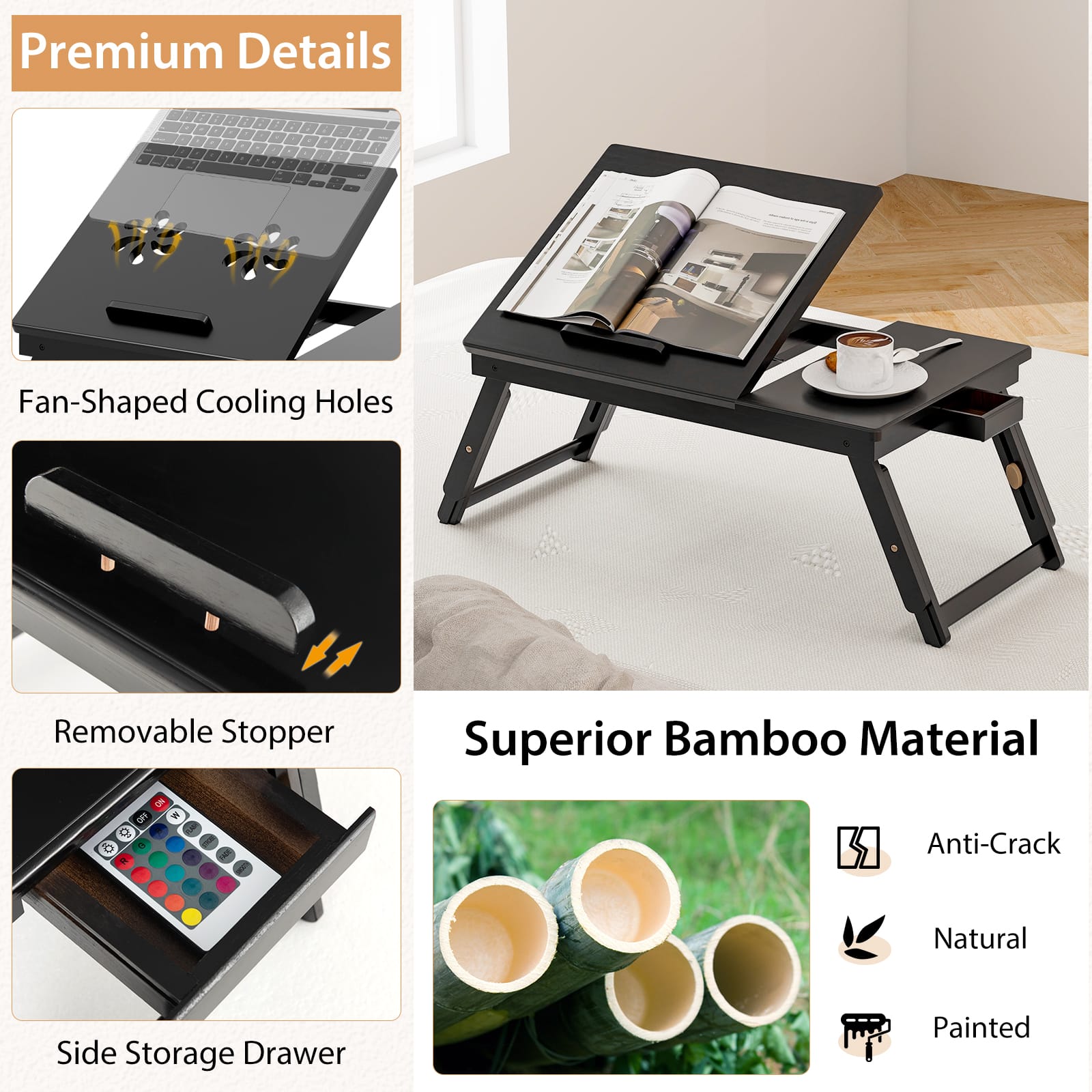 Premium Details - Fan-Shaped Cooling Holes, Removable Stopper, Superior Bamboo Material, Anti-Crack - Natural, Side Storage Drawer, Painted.