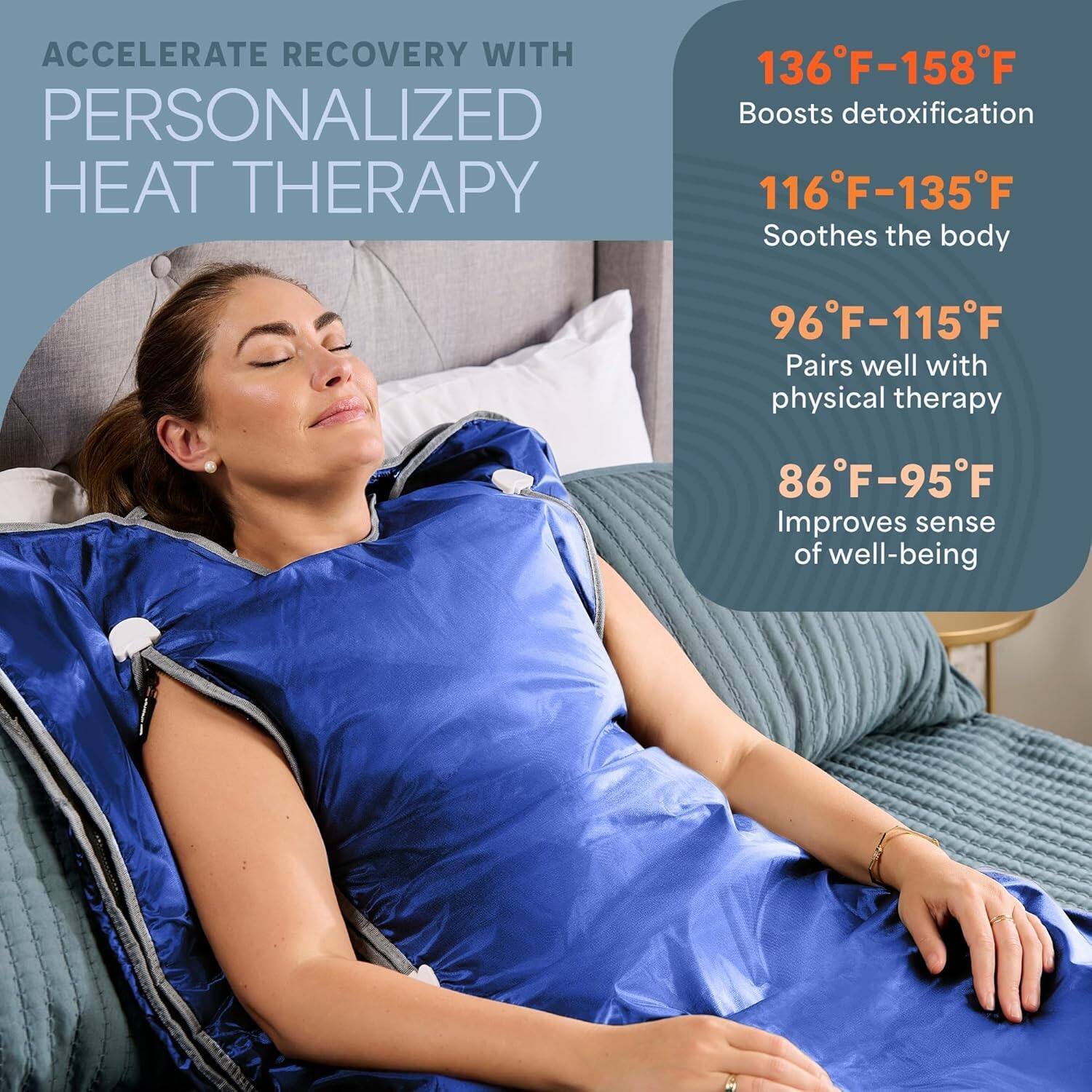 ACCELERATE RECOVERY WITH PERSONALIZED HEAT THERAPY

136°F-158°F  
Boosts detoxification

116°F-135°F  
Soothes the body

96°F-115°F  
Pairs well with physical therapy

86°F-95°F  
Improves sense of well-being