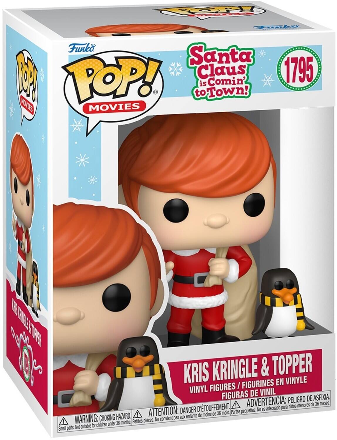 Sure, here is the corrected and grouped text from the image:

---

**Funko POP! Movies**

**Santa Claus is Comin' to Town!**

**1795**

**Kris Kringle & Topper**

**Vinyl Figures / Figurines en Vinyle / Figuras de Vinil**

**Warning: Choking Hazard. Small parts. Not suitable for children under 36 months.**

**Attention: Danger d'étouffement. Petites pièces. Ne convient pas aux enfants de moins de 36 mois.**

**Advertencia: Peligro de asfixia. Partes pequeñas. No es adecuado para niños menores de 36 meses.**

---

This text is grouped and corrected for clarity and accuracy.