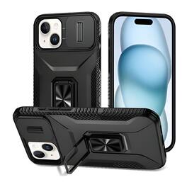 Kitcheniva - Full Coverage Metal Stand Lens Cover Phone Case With 2 Pcs Tempered Glass For iPhone 15 - Black