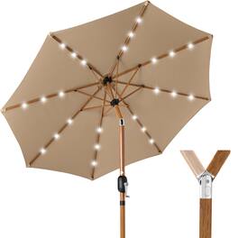 Best Choice Products - 10ft Solar LED Lighted Outdoor Woodgrain Pattern Steel Market Patio Umbrella - Tan