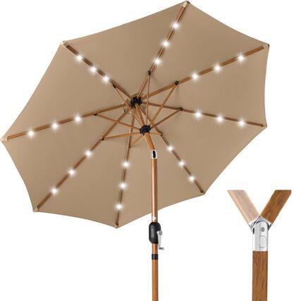 Front. Best Choice Products - Best Choice Products 10ft Solar LED Lighted Outdoor Woodgrain Pattern Steel Market Patio Umbrella - Tan - Tan - Woodgrain Finish.