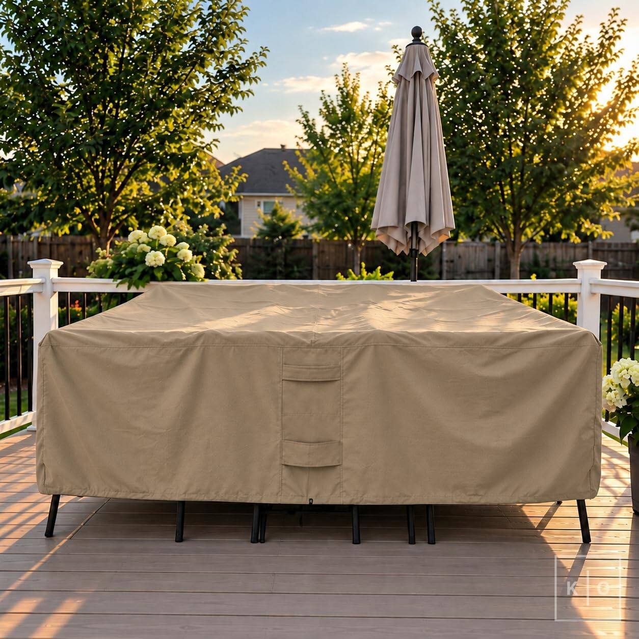 Alt View 3. KHOMO GEAR - Patio Furniture Cover Waterproof, Rectangular Outdoor Table and Chair Set Cover, Fits 6-8 Chairs - 128"L x 82"W x 25"H - Brown.