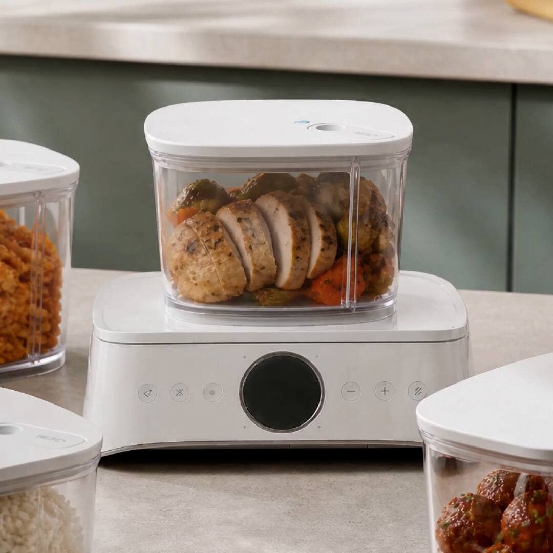 Left. Silo - Deep Vacuum Food Storage System with 4 Containers, Built-In Scale and Alexa - White.