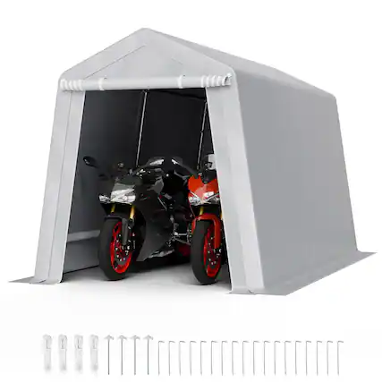 Front. VEVOR - Outdoor Storage Shed, 7 x 12 ft Tent with Roll-up Door & Vents, Waterproof Canopy Shed Shelter, Heavy Duty Frame - Gray.