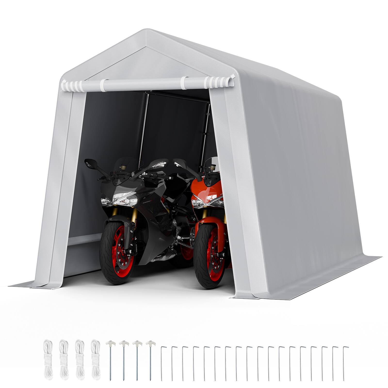 Front. VEVOR - Outdoor Storage Shed, 7 x 12 ft Tent with Roll-up Door & Vents, Waterproof Canopy Shed Shelter, Heavy Duty Frame - Gray.