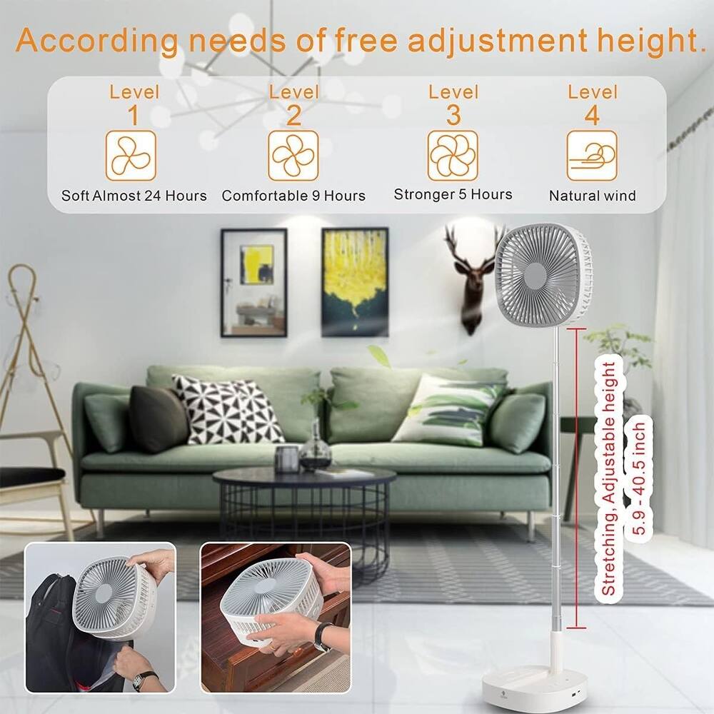 According to the needs of free adjustment height.

Level 1: Soft Almost 24 Hours
Level 2: Comfortable 9 Hours
Level 3: Stronger 5 Hours
Level 4: Natural wind

Adjustable height: 5.9 - 40.5 inches