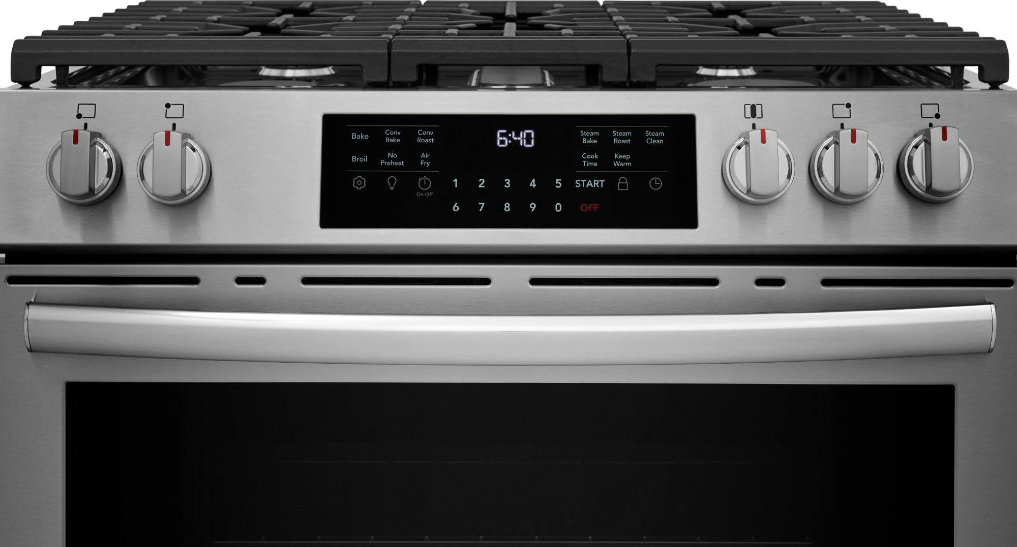 The text on the image reads:

Com Bake Bake No Broil Proheat Conv Roast Air Fry 6 Steam Bake Cook Time Steam Roast Keep Warm Steam Clean o OA-OR 1 6 2 7 3 8 4 9 5 0 START OFF.