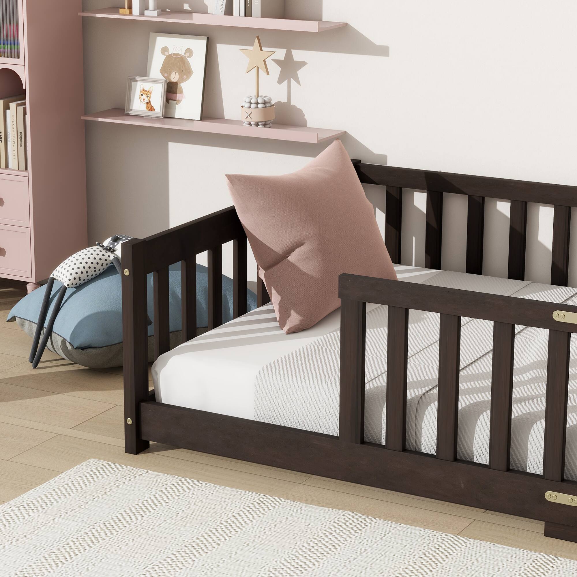 Back. GOODSILO - Twin Size Floor Bed with Safety Fence for Kids, Sturdy Rubber Wood Construction, Easy Assembly - Espresso.