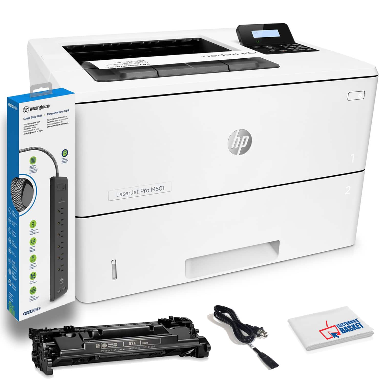 HP - LaserJet Pro M501dn Monochrome Laser Printer with Built-in Ethernet w/ Power Strip Surge Protector and Cleaning Cloth