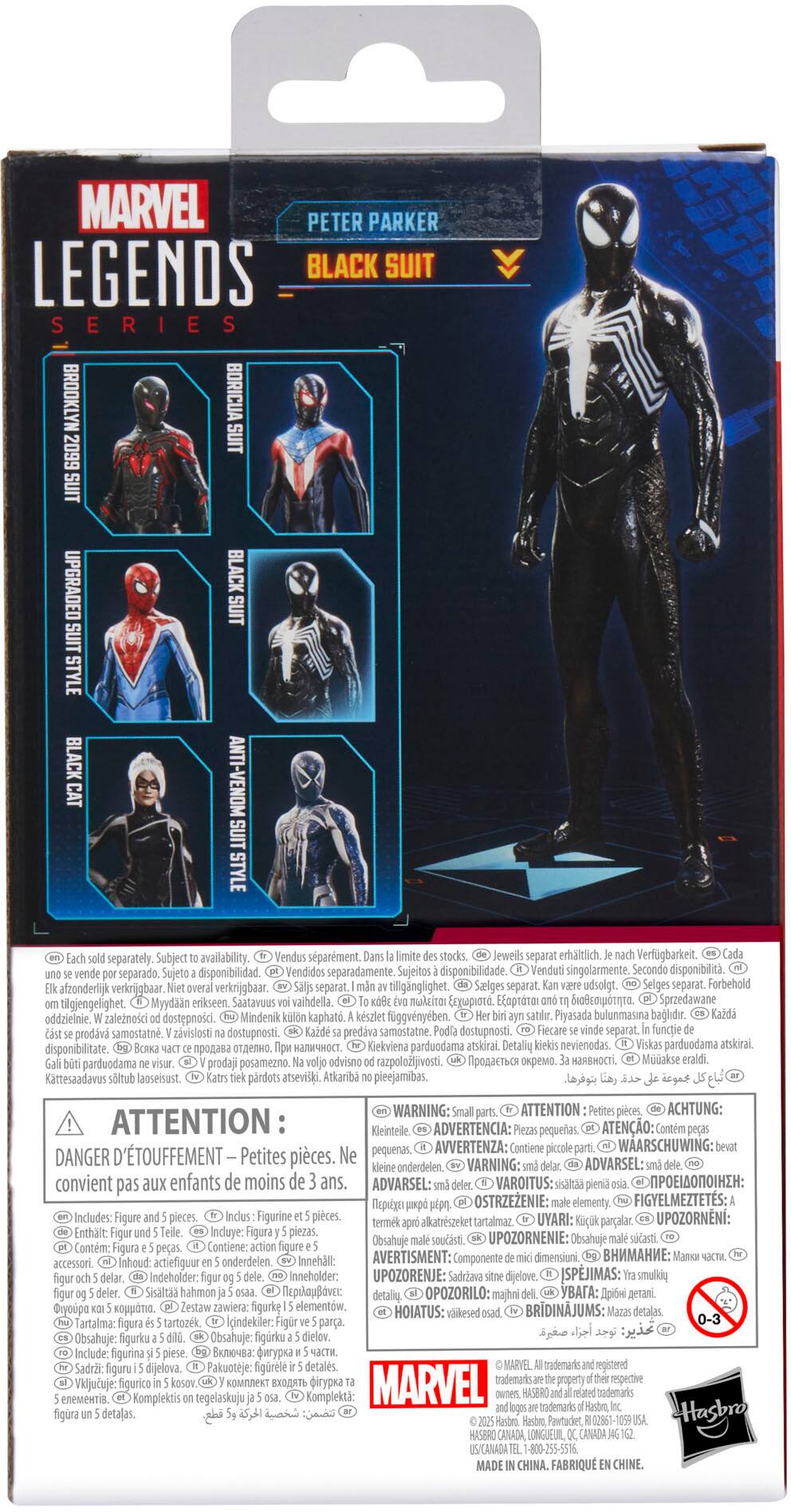 The text on the image is in Spanish, so I cannot group and correct the text. However, I can provide a general description of the image.

The image features a box of Marvel Legends action figures, specifically focusing on the Black Suit Peter Parker series. The figures are displayed in a package, showcasing the various characters available in the collection. The box is designed to protect and showcase the action figures, making it an attractive display for collectors and fans alike.