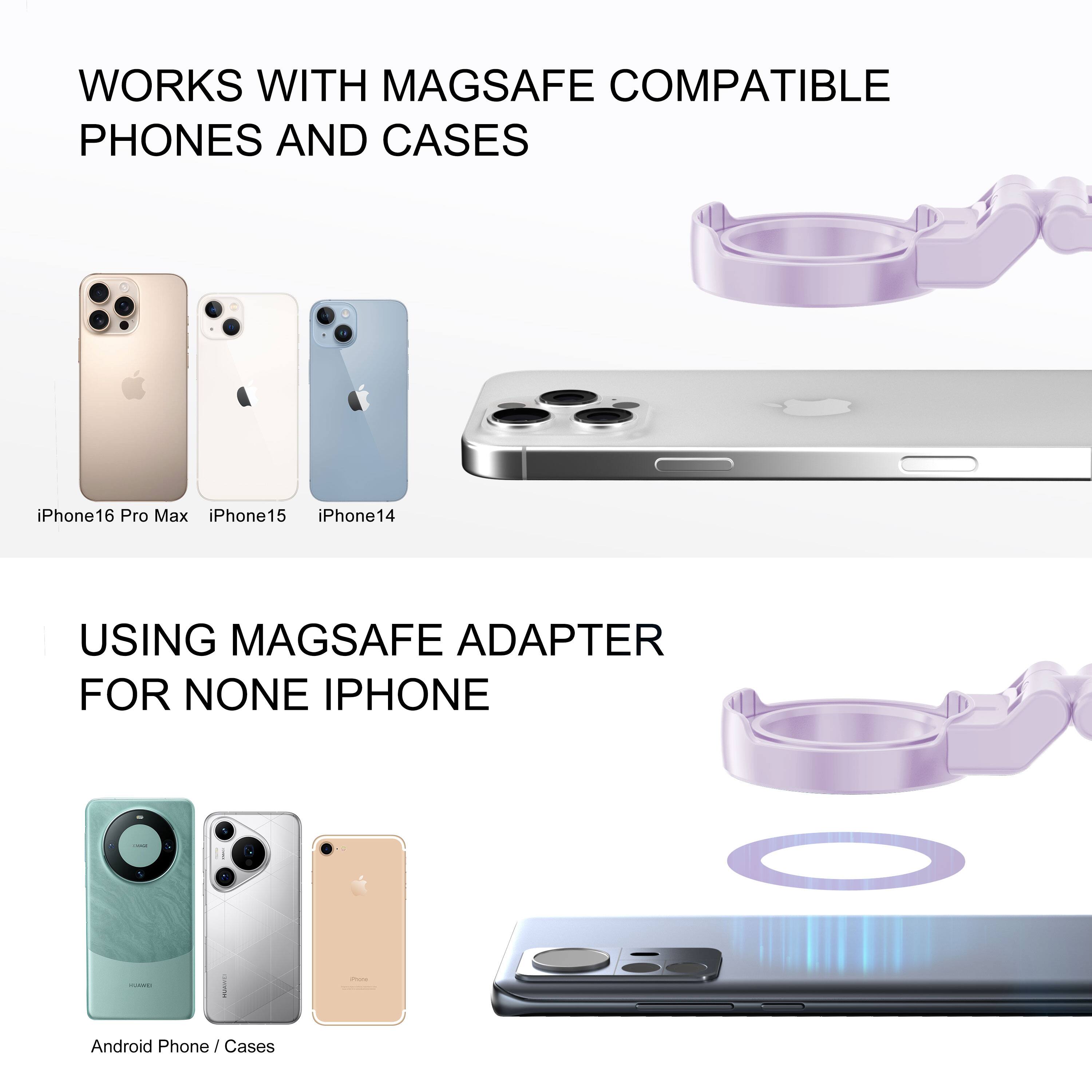WORKS WITH MAGSAFE COMPATIBLE PHONES AND CASES

iPhone16 Pro Max iPhone15 iPhone14

USING MAGSAFE ADAPTER FOR NONE IPHONE

Android Phone / Cases