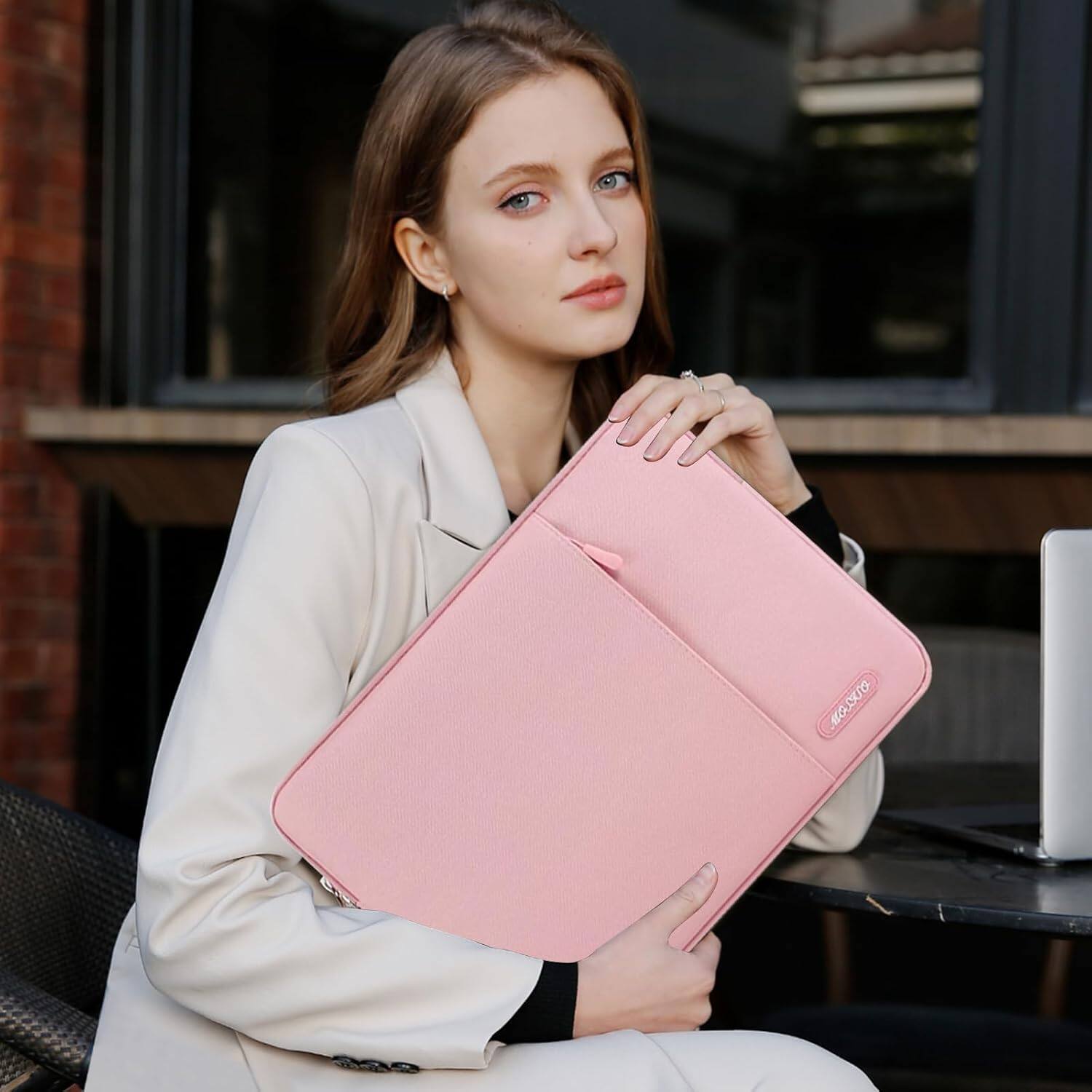 Alt View 1. mosiso - 15 inch Laptop Sleeve with Pocket, Polyester Vertical Case for MacBook Air 15 inch M5 M4 M3 M2, Acer Dell XPS Lenovo - Pink.
