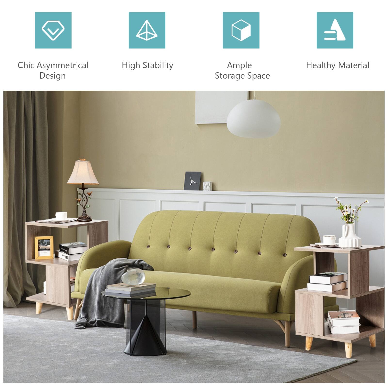 Chic Asymmetrical Design, High Stability, Ample Storage Space, Healthy Material