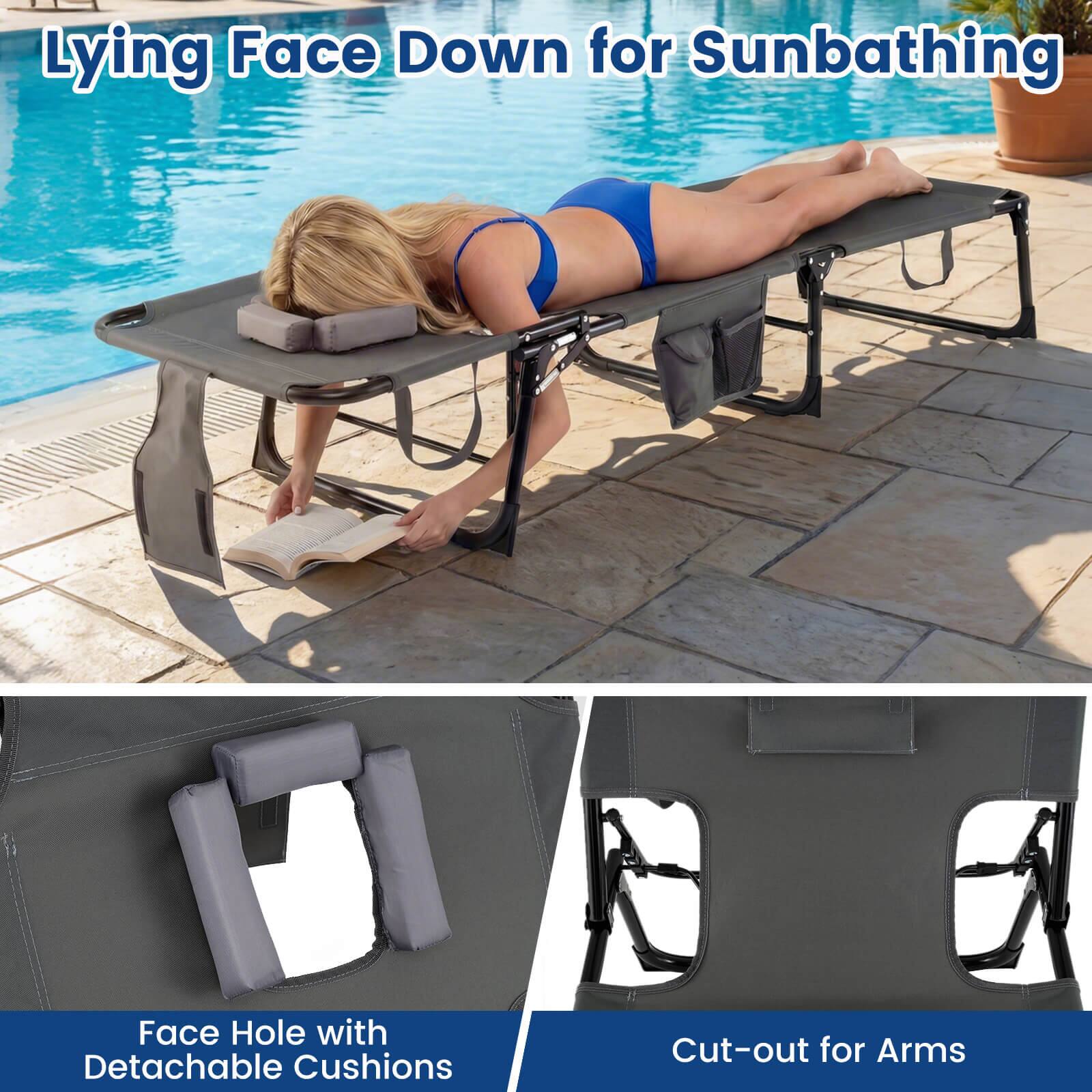 Lying Face Down for Sunbathing

Face Hole with Detachable Cushions

Cut-out for Arms