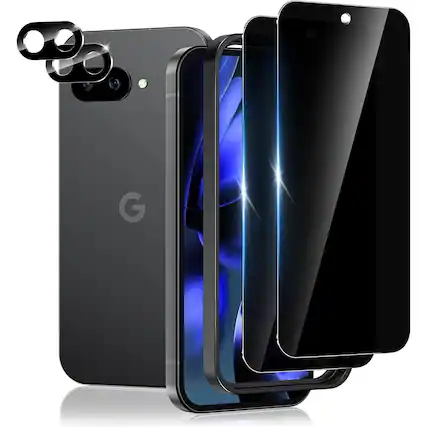 Front. PARKER SLATER - Pixel 9A Privacy Screen Protector 2+2 Pack, Tempered Glass + Camera Lens - Black.