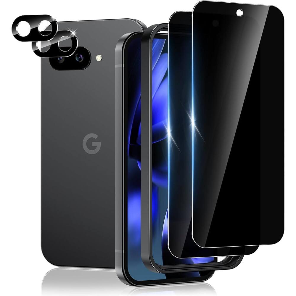 Front. PARKER SLATER - Pixel 9A Privacy Screen Protector 2+2 Pack, Tempered Glass + Camera Lens - Black.
