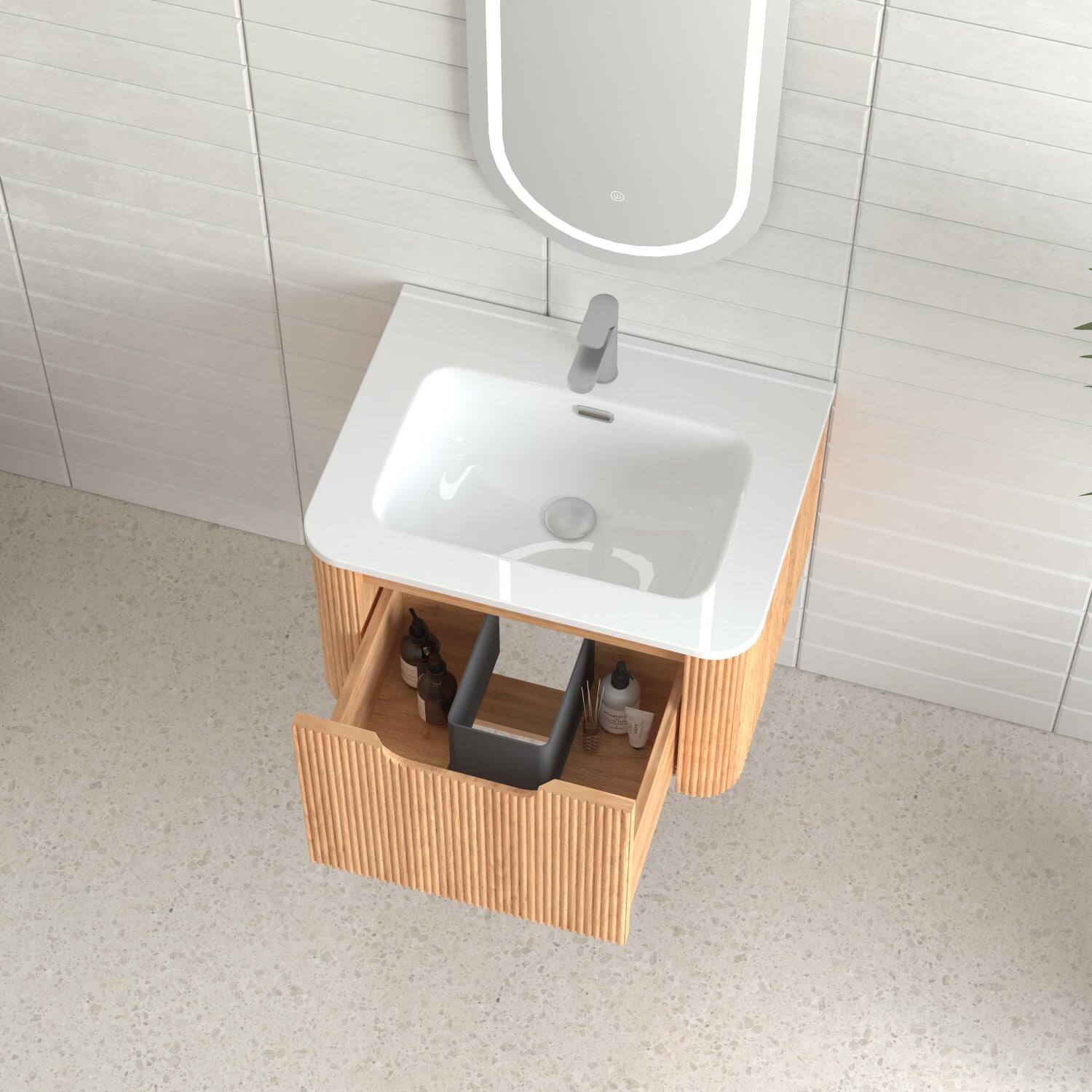 Alt View 6. Boyel Living - 24 in Wall-Mounted Bathroom Vanity Pre-Assembled Cabinet in Natural Walnut with Ceramic Basin Soft-Close Drawer - Natural Walnut.
