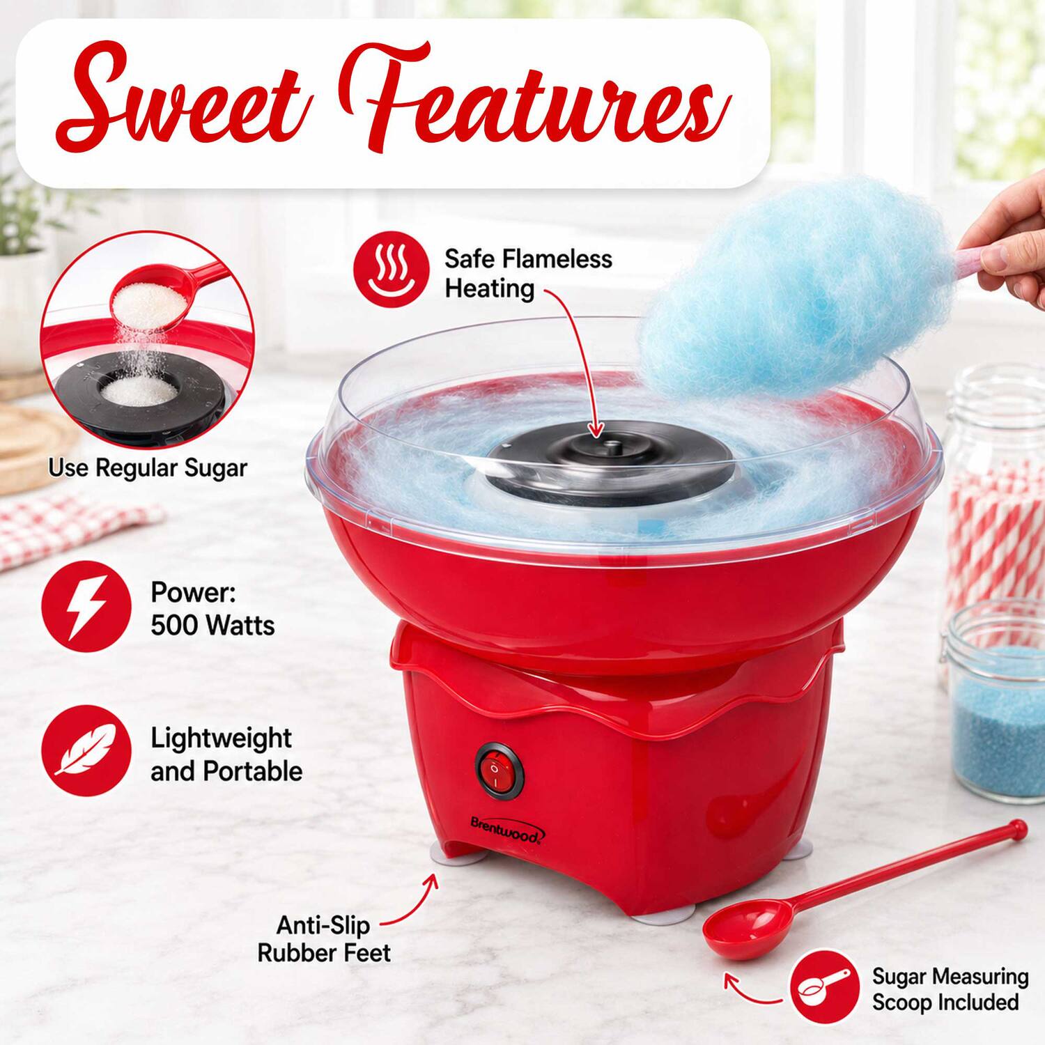 Sweet Features
- Safe Flameless Heating
- Use Regular Sugar
- Power: 500 Watts
- Lightweight and Portable
- Anti-Slip Rubber Feet
- Sugar Measuring Scoop Included