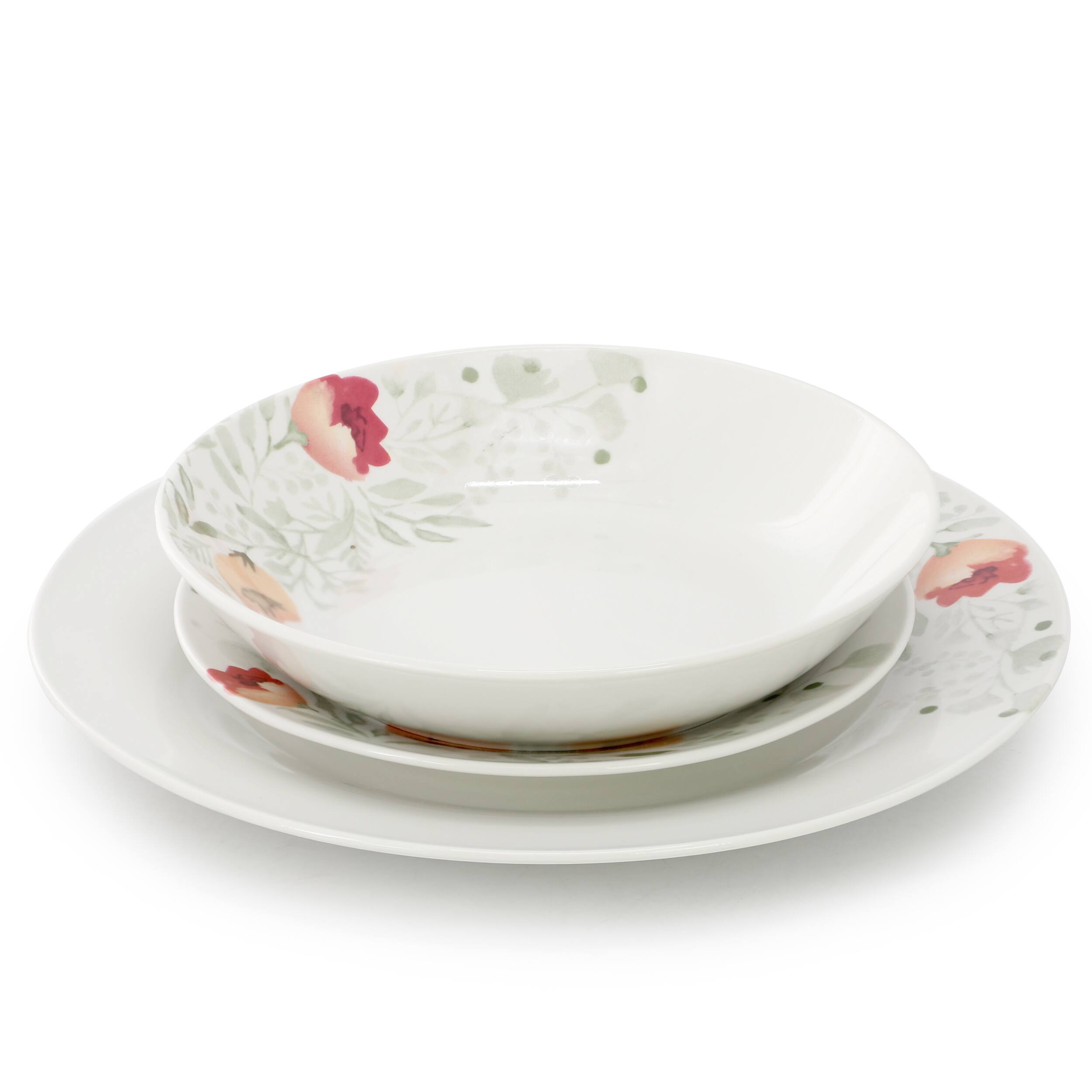 Angle. Elama - Elama Poppy 18 Piece Porcelain Dinnerware Set, Service for 6 - White and Orange.