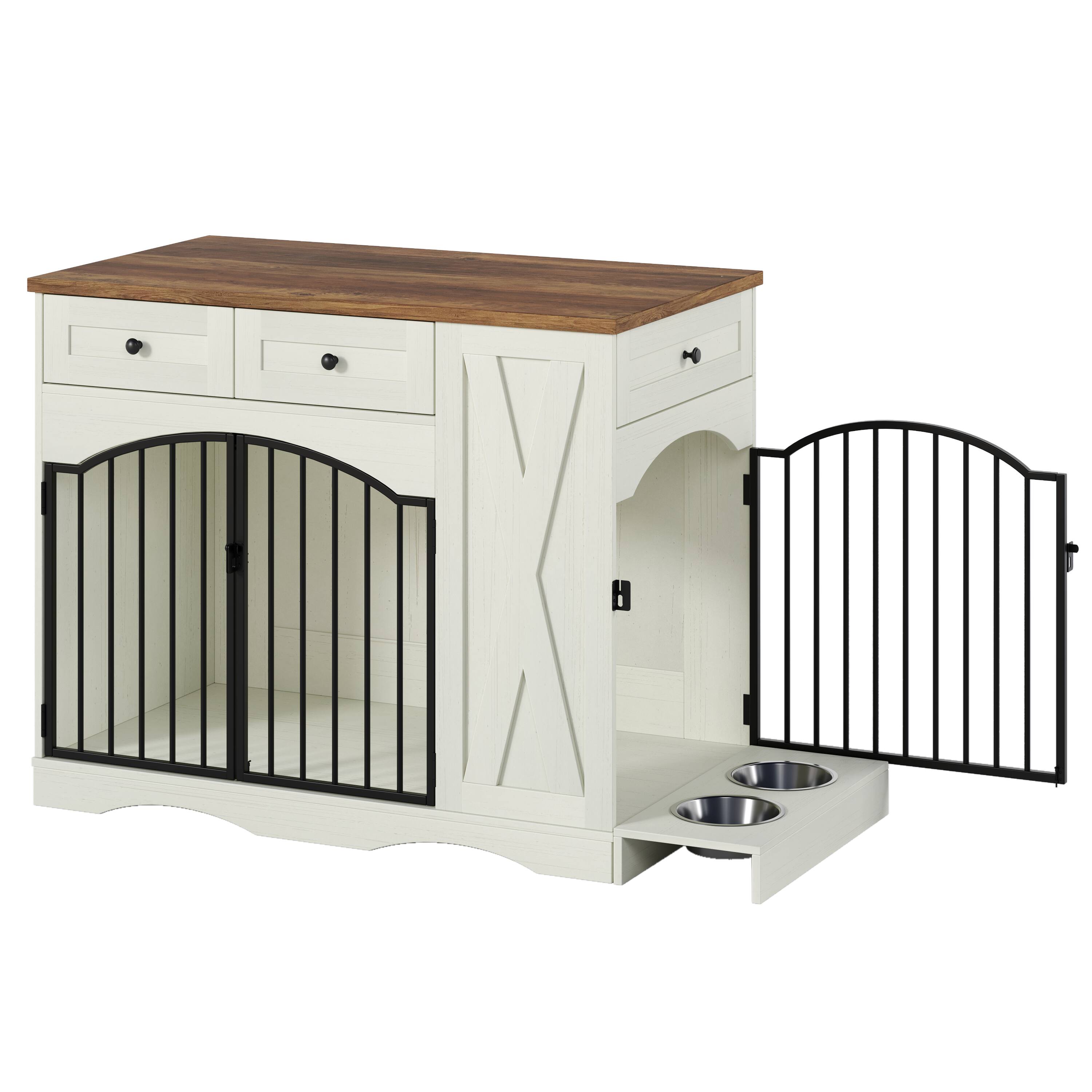 Back. Runesay - 43.3in Beige and Brown Heavy Duty Farmhouse Indoor Wooden Dog Crate Kennel Furniture  End Table with 3 Drawers.