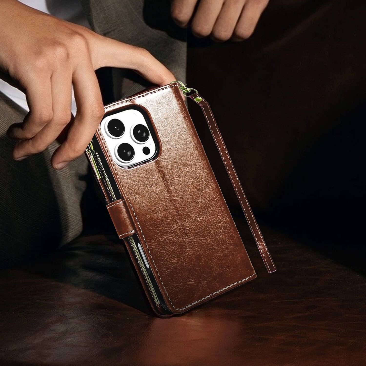 Alt View 6. Equipd - Phone Case for iPhone 16 Pro Max 6.9", Luxury Wallet Card ID Zipper Money Holder Cover (Brown) - Brown.