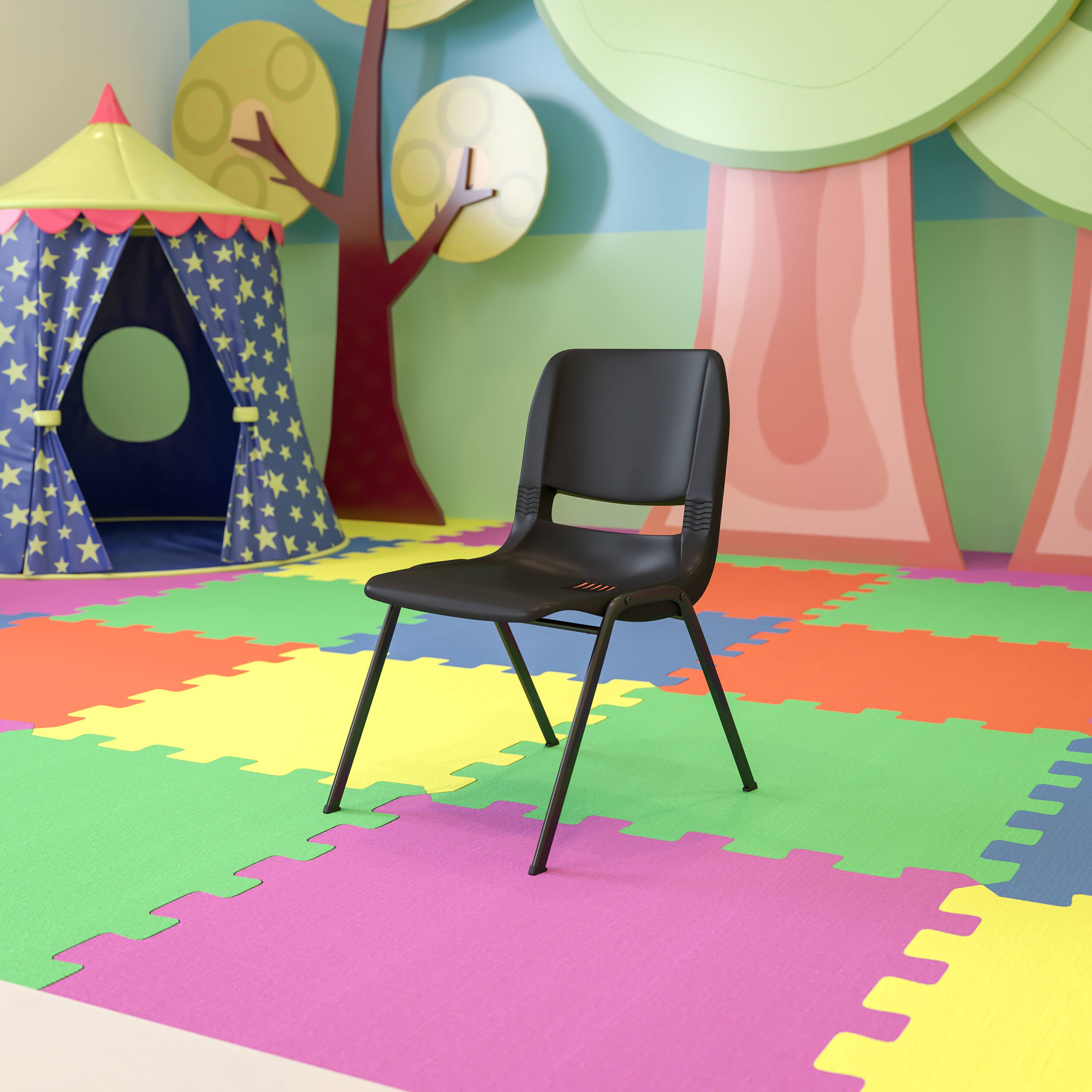 Alt View 1. Emma + Oliver - Ergonomic Kid's Shell Stack Chair - 14" Seat Daycare Home School - Black Plastic/Black Frame.