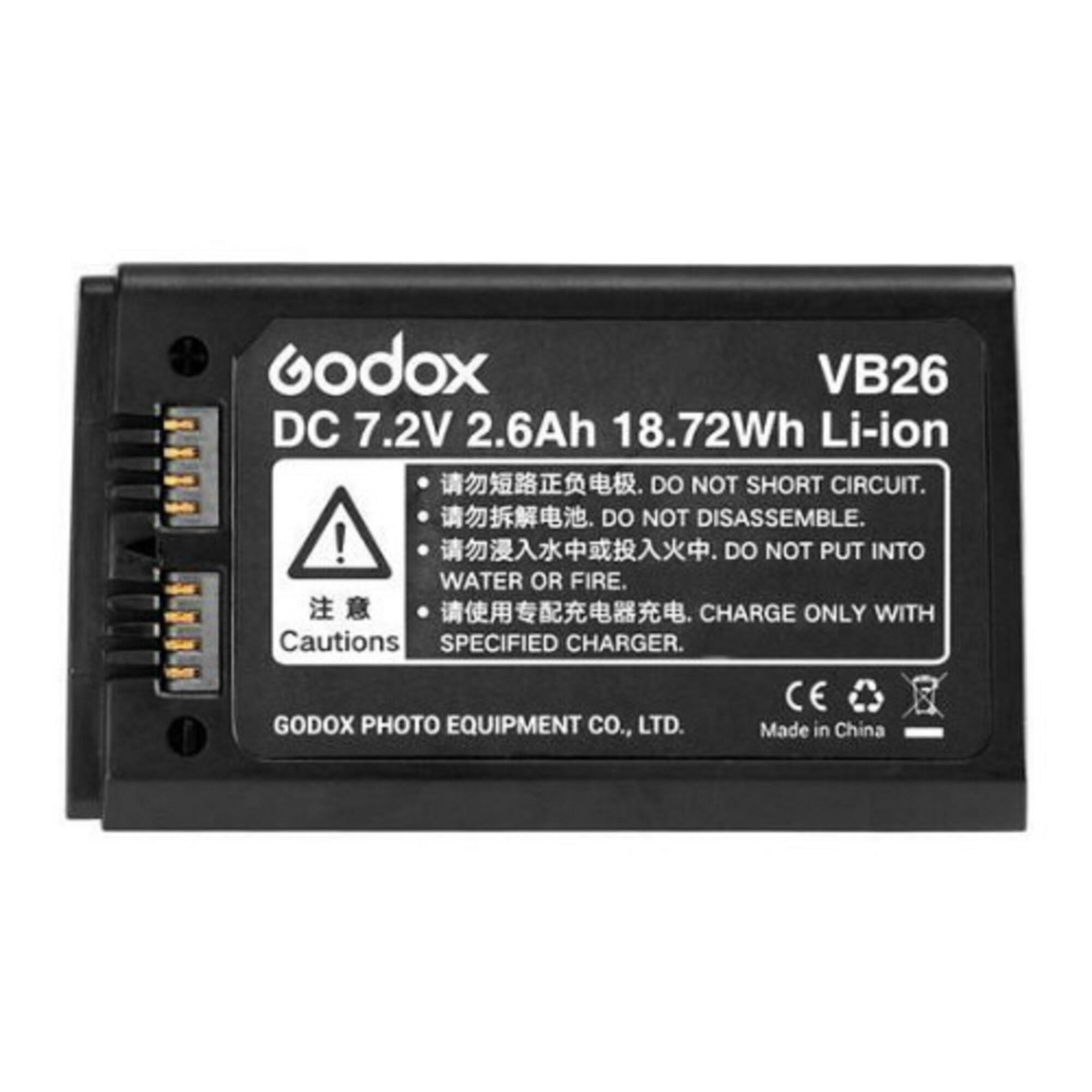 Godox VB26  
DC 7.2V 2.6Ah 18.72Wh Li-ion  

DO NOT SHORT CIRCUIT.  
DO NOT DISASSEMBLE.  
DO NOT PUT INTO WATER OR FIRE.  
CHARGE ONLY WITH SPECIFIED CHARGER.  

GODOX PHOTO EQUIPMENT CO., LTD.  
Made in China