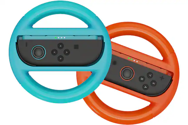 Front. NEXT - Universal Joy-Con 2 and Joy-Con Racing Wheel 2-Pack for Mario Kart and other racing games for Nintendo Switch 2 & Switch - Orange/Blue.