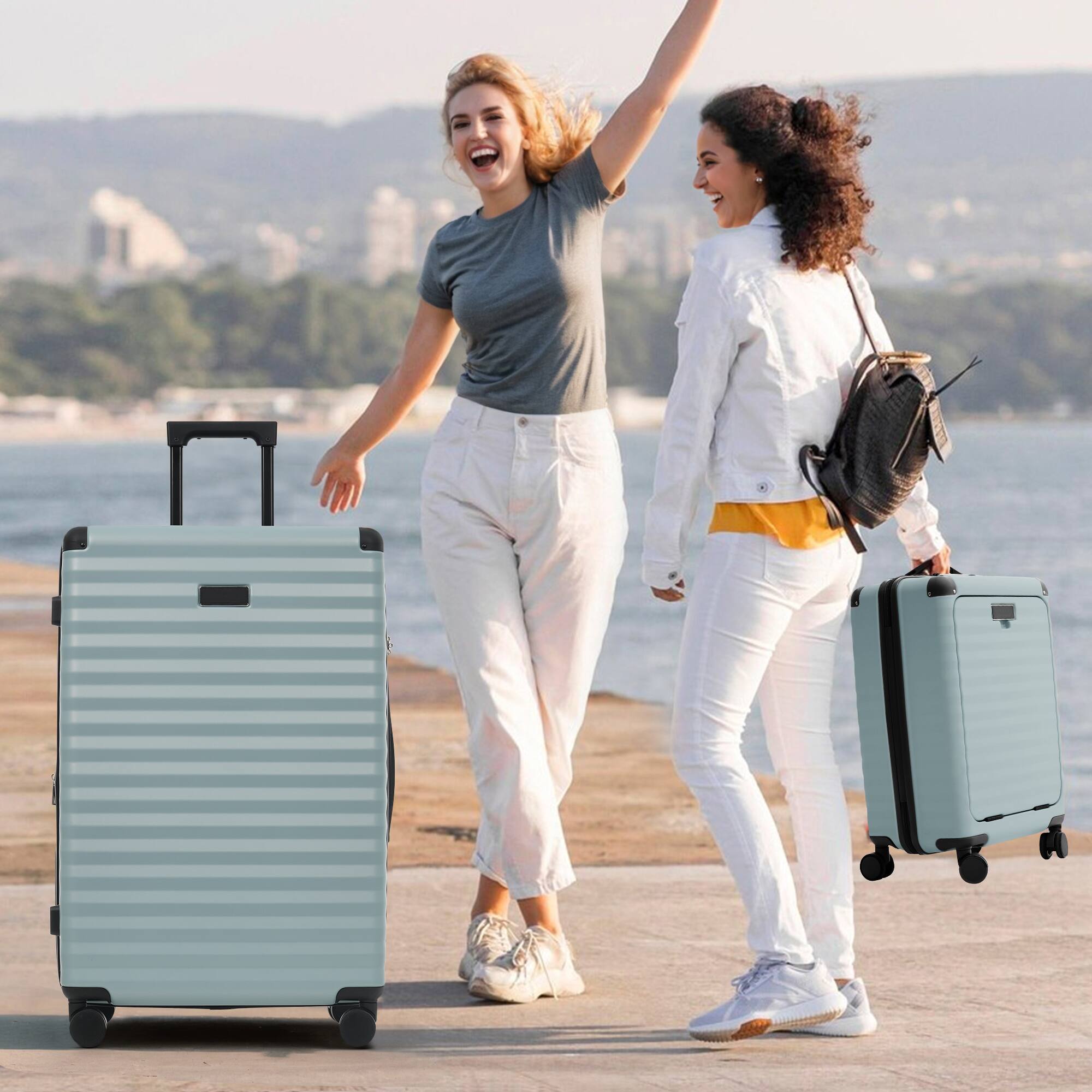 Alt View 8. Ecooso - 5-Piece Expandable ABS Spinner Luggage Set with TSA Lock, USB Port Carry-On, Cup Holder, Duffel, and Toiletry Bag - Light Blue.