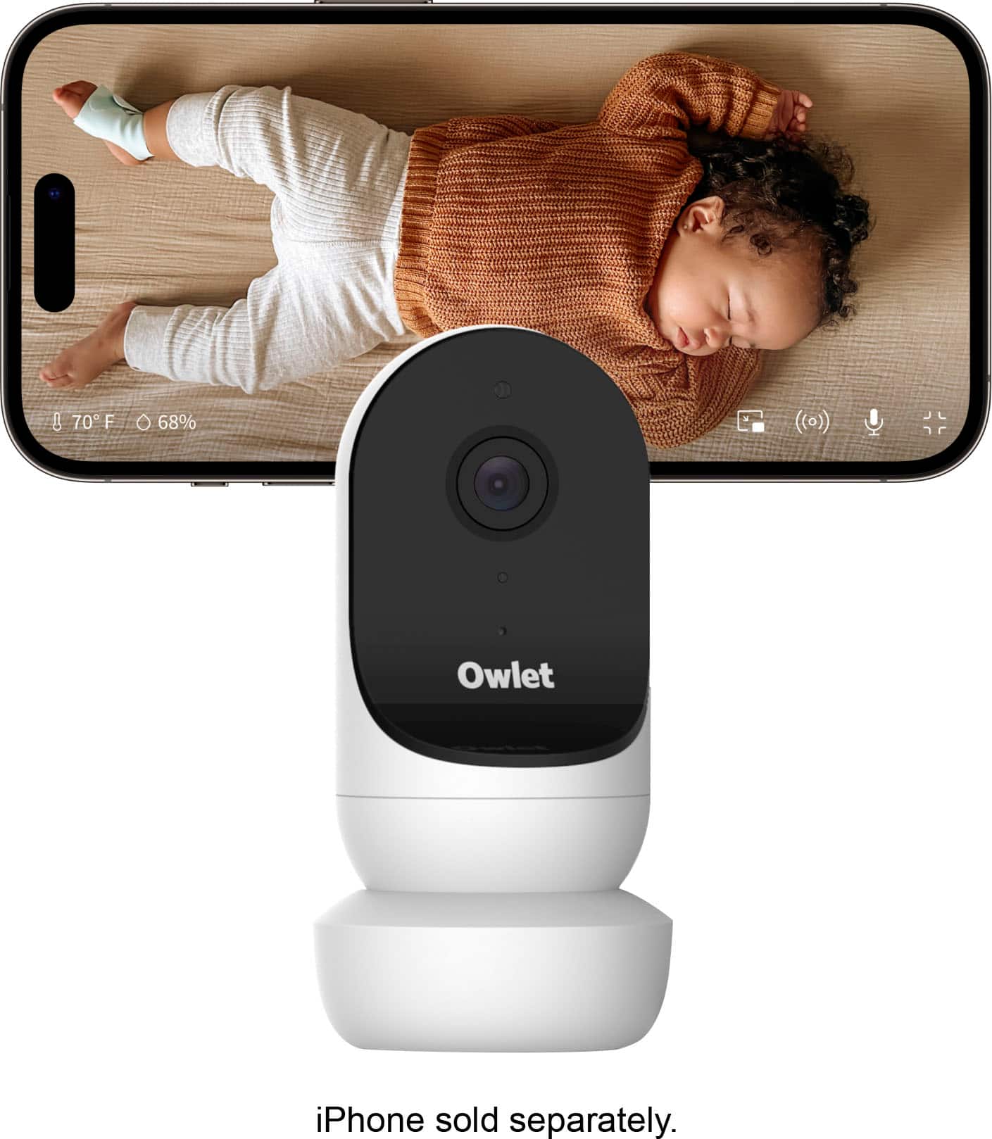 The text on the image reads: "8 70 F O 68% - Owlet iPhone sold separately." This text is likely a description or a caption for the image, which features a baby monitor and a baby. The text suggests that the iPhone is sold separately from the Owlet baby monitor.