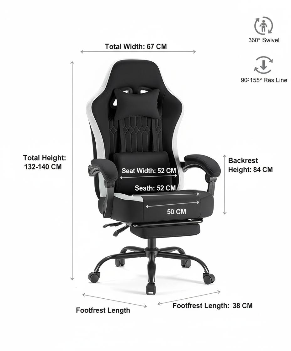 Total Width: 67 CM  
Total Height: 132-140 CM  
Seat Width: 52 CM  
Seat Depth: 52 CM  
Backrest Height: 84 CM  
Footrest Length: 38 CM  
360° Swivel  
90-155° Res Line