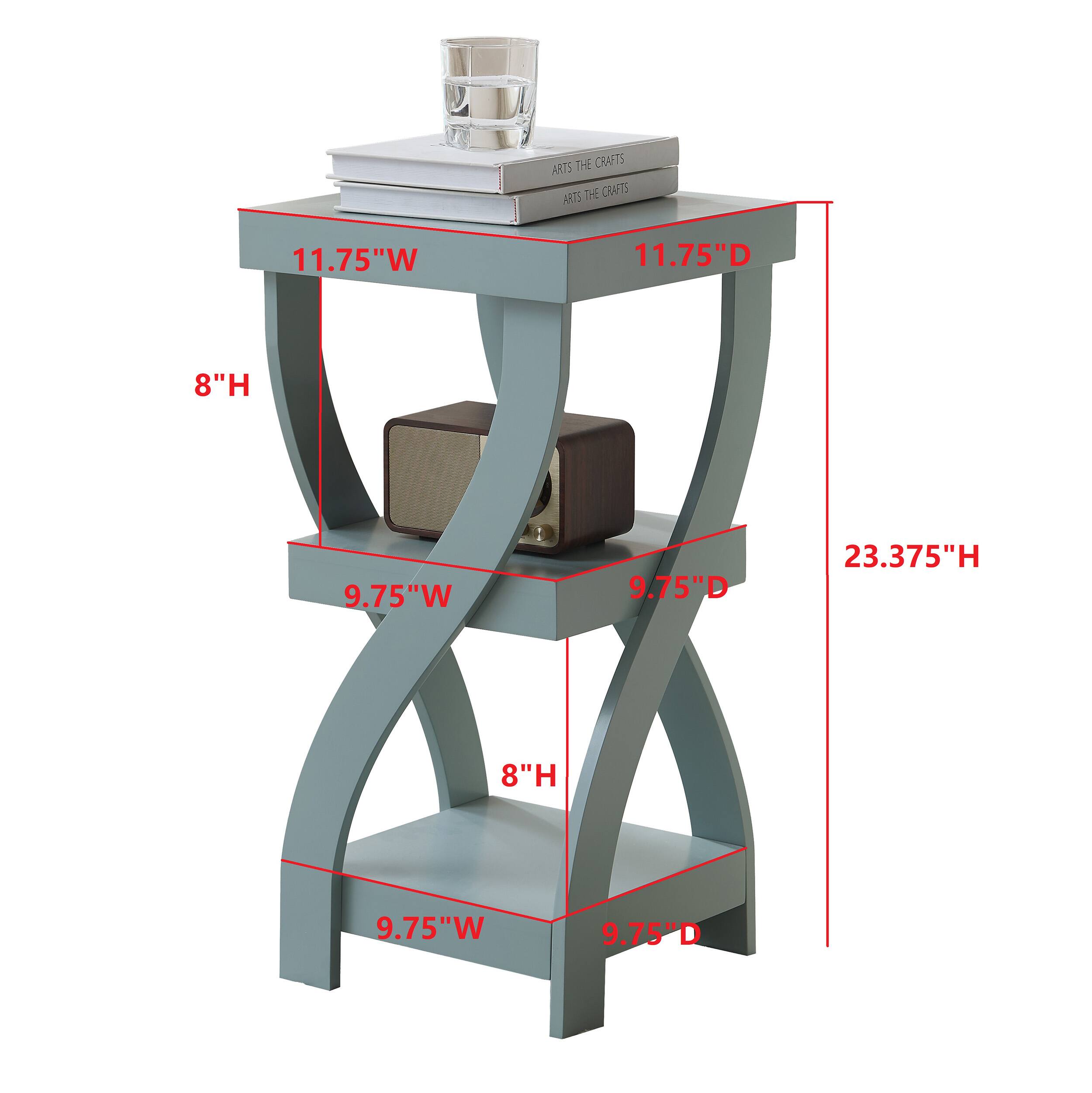 - Top Shelf: 11.75"W x 11.75"D x 8"H
- Middle Shelf: 9.75"W x 9.75"D x 8"H
- Bottom Shelf: 9.75"W x 9.75"D
- Total Height: 23.375"H