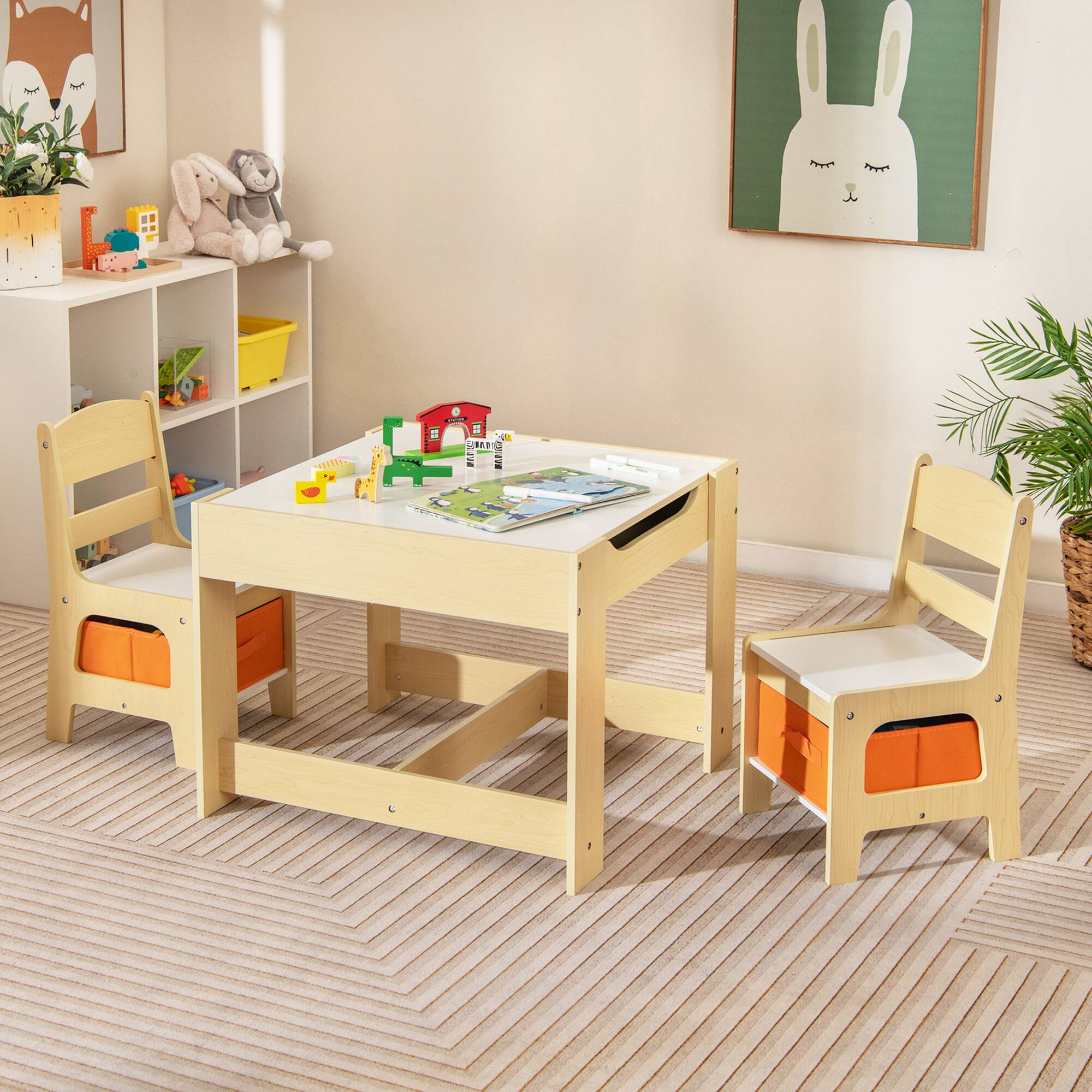 Costway Kids Table Chairs Set With Storage Boxes Blackboard