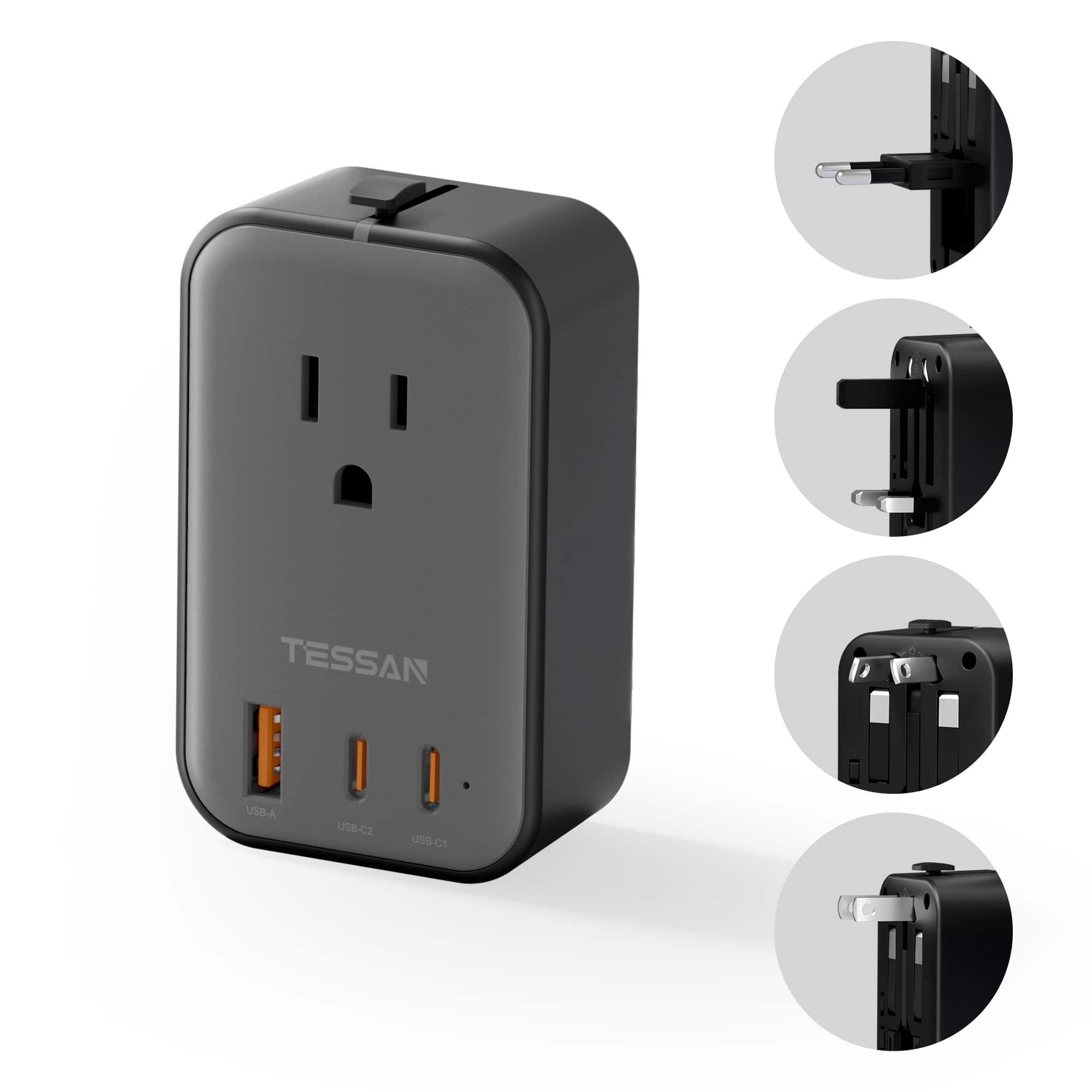 TESSAN - Universal Travel Adapter, Ultra-Thin Worldwide Plug Adaptor with PD 20W USB-C and 2 USB-C 1 USB-A Ports, 1 Pack - Silver Black