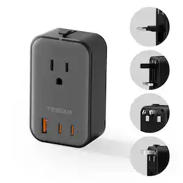 TESSAN - Universal Travel Adapter, Ultra-Thin Worldwide Plug Adaptor with PD 20W USB-C and 2 USB-C 1 USB-A Ports, 1 Pack - Silver Black