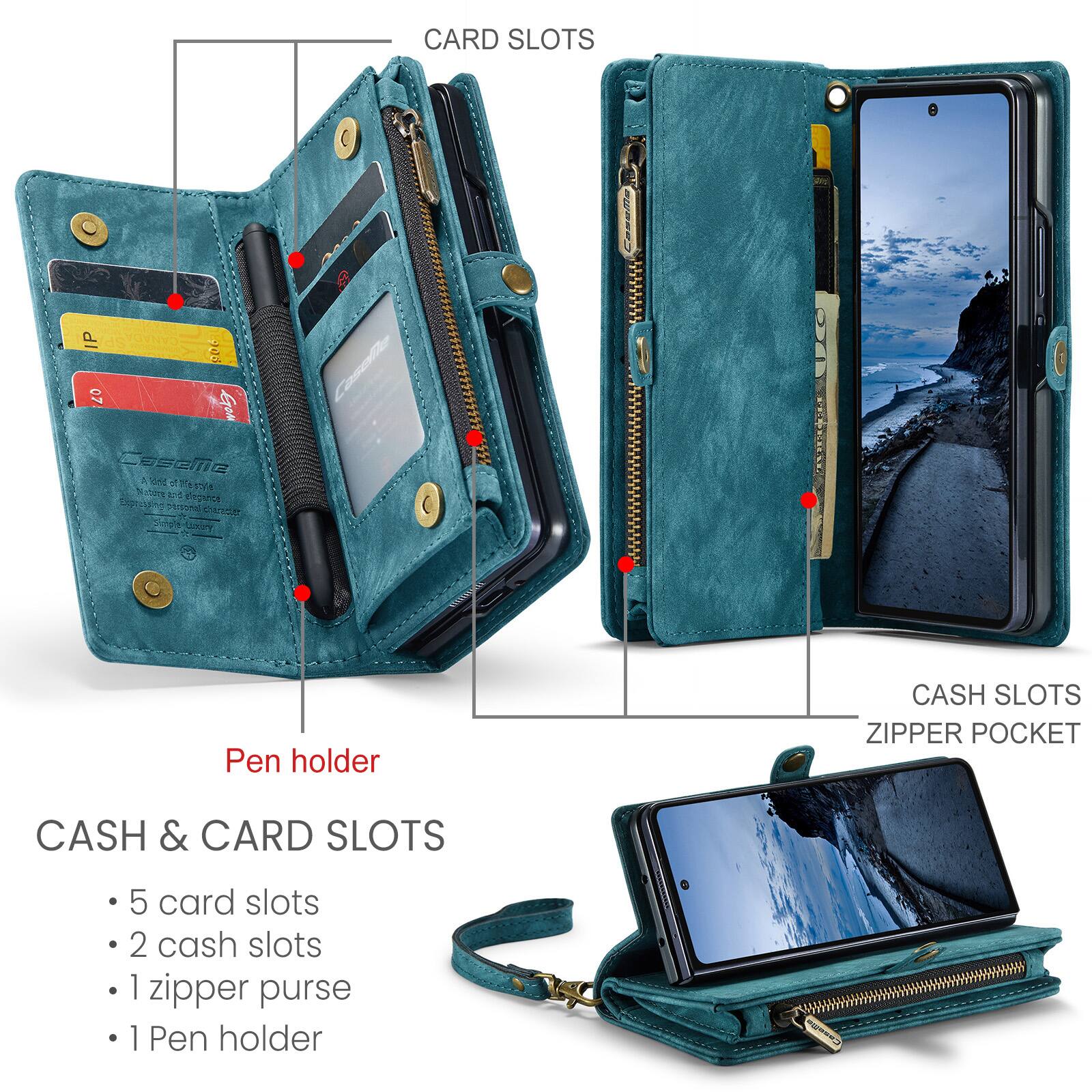 CARD SLOTS

CASH SLOTS ZIPPER POCKET

CASH & CARD SLOTS
- 5 card slots
- 2 cash slots
- 1 zipper purse
- 1 Pen holder