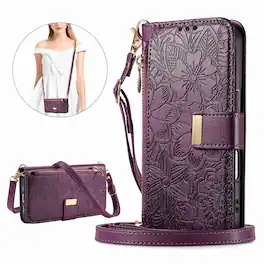 Dteck - Floral Embossed Leather Zipper Cash Slot Wallet Case for Apple iPhone 17 Pro Max with Detachable Strap - Purple