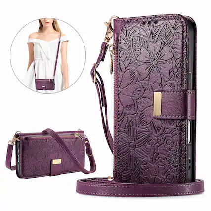 Front. Dteck - Floral Embossed Leather Zipper Cash Slot Wallet Case for Apple iPhone Air with Detachable Strap - Purple.