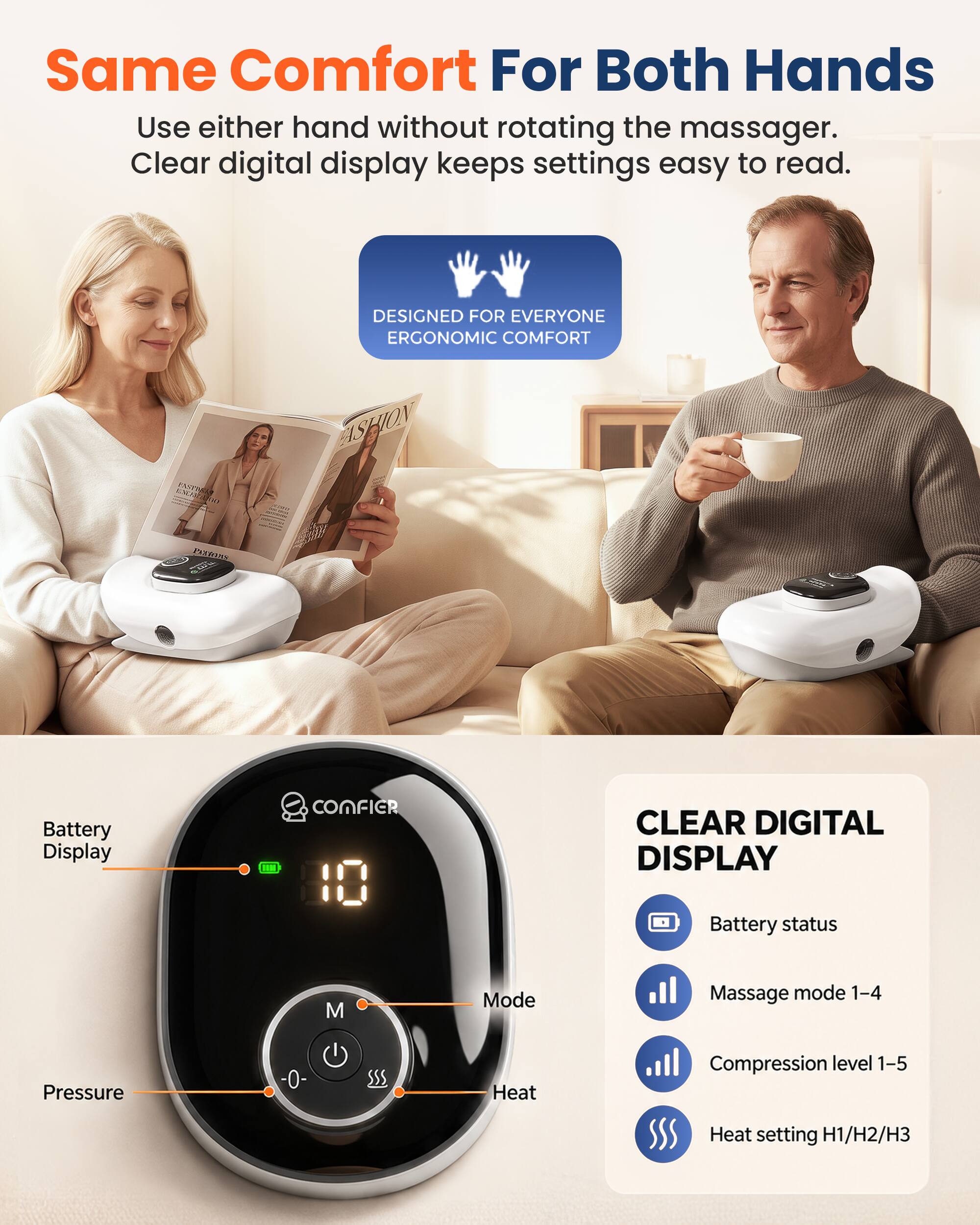 Same Comfort For Both Hands  
Use either hand without rotating the massager.  
Clear digital display keeps settings easy to read.  

DESIGNED FOR EVERYONE  
ERGONOMIC COMFORT  

CLEAR DIGITAL DISPLAY  
Battery status  
Massage mode 1-4  
Compression level 1-5  
Heat setting H1/H2/H3