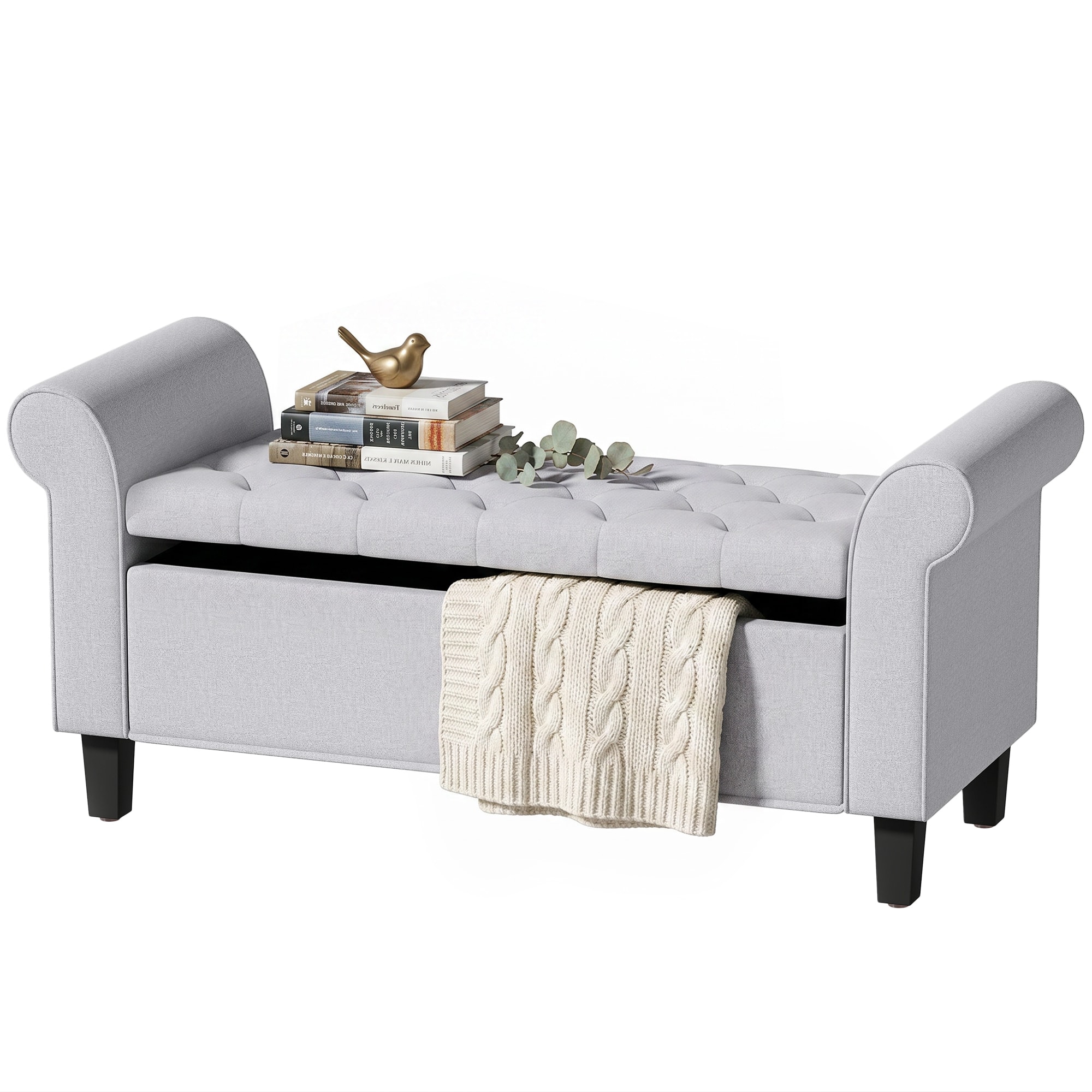 Homcom - Storage Ottoman Bench, Tufted End of Bed Bench with Rolled Arms, Safety Hinge, Wood Legs for Bedroom - Light Gray