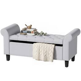 Homcom - Storage Ottoman Bench, Tufted End of Bed Bench with Rolled Arms, Safety Hinge, Wood Legs for Bedroom - Light Gray