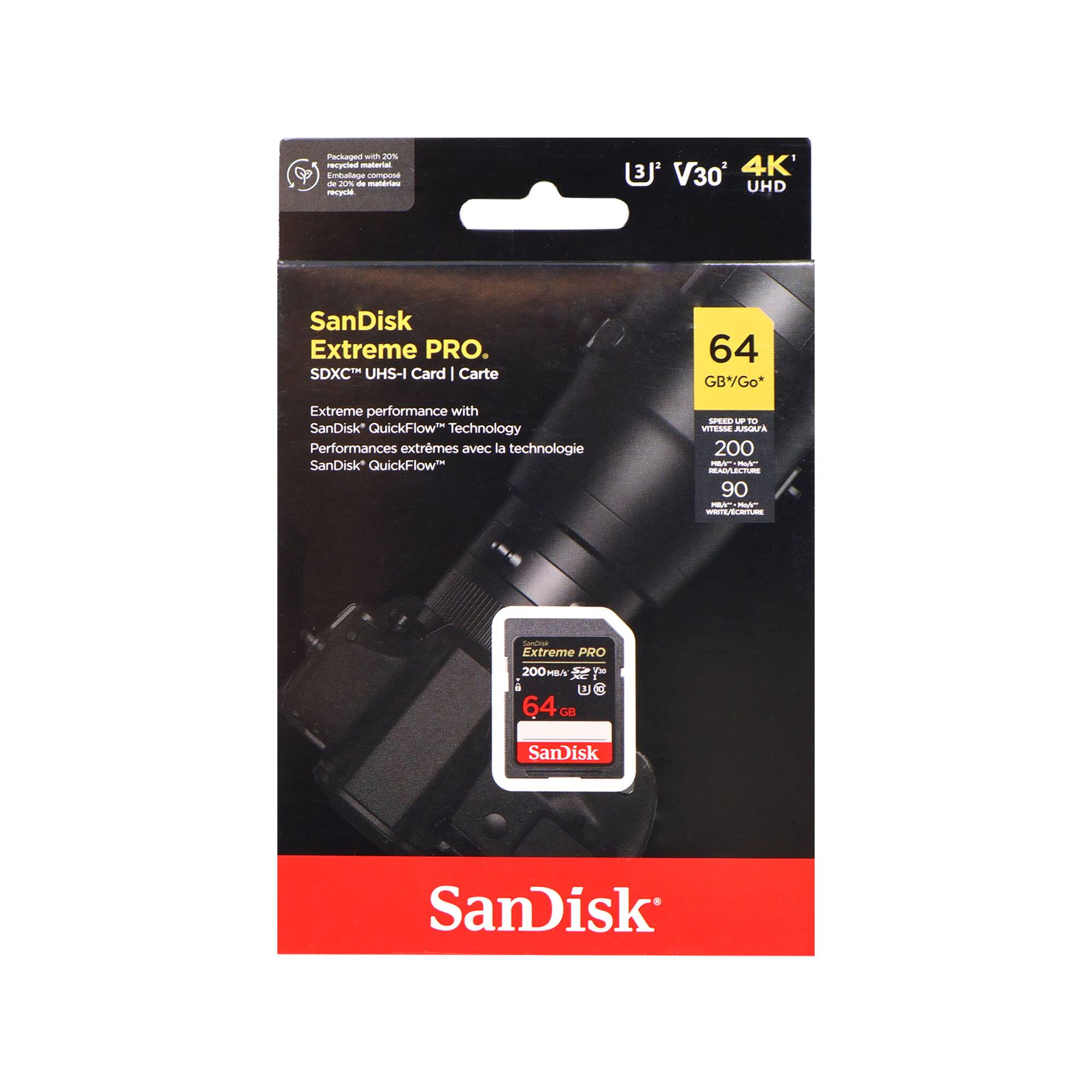Packaged with 20% recycled material - Embalage composé de 20% de matériau recyclé

SanDisk Extreme PRO. SDXC UHS-I Card | Carte SDXC UHS-I

Extreme performance with SanDisk QuickFlow™ Technology  
Performances extrêmes avec la technologie SanDisk QuickFlow™

64 GB*

Speed up to 200 MB/s  
Vitesse allant jusqu'à 200 Mo/s

Write up to 90 MB/s  
Écriture allant jusqu'à 90 Mo/s

V30 UHD 4K

SanDisk
