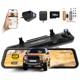 WOLFBOX - Rear View Mirror Dash Cam Front 4K + Rear 2.5K, Touch Screen, 128GB Card, 5.8GHz WiFi, G-Sensor & GPS, STARVIS IMX678 - Black