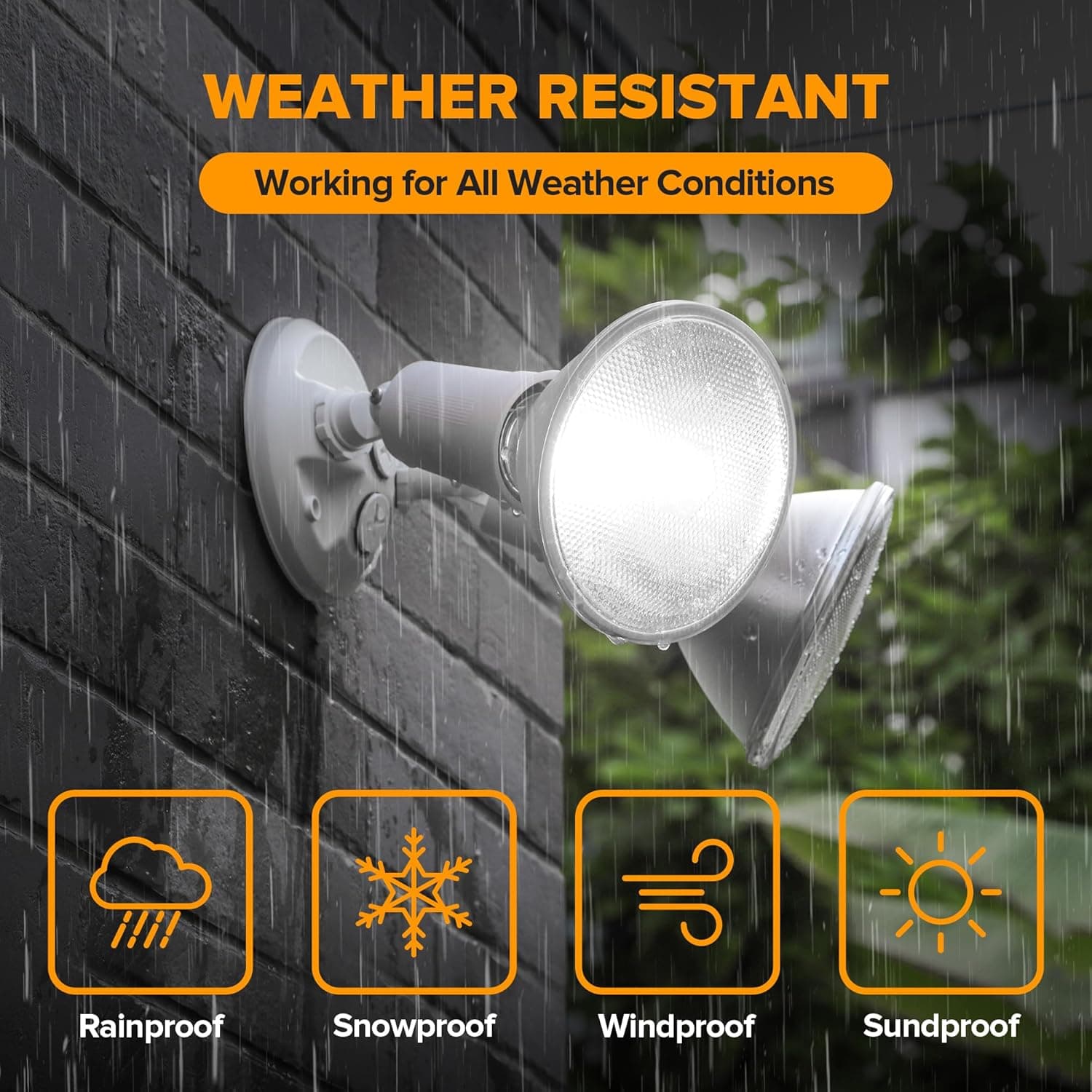 WEATHER RESISTANT  
Working for All Weather Conditions  

- Rainproof  
- Snowproof  
- Windproof  
- Sundproof