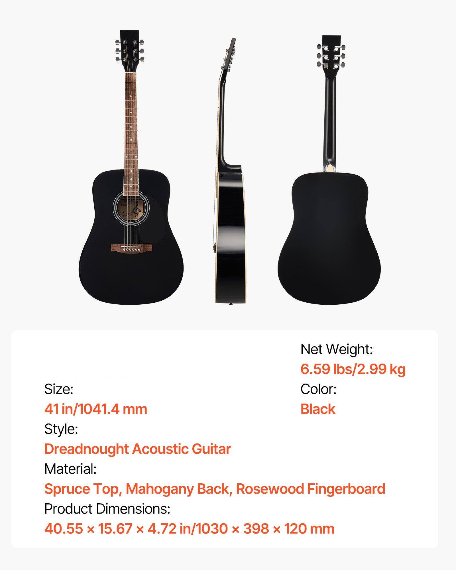 Net Weight: 6.59 lbs/2.99 kg  
Size: 41 in/1041.4 mm  
Color: Black  
Style: Dreadnought Acoustic Guitar  
Material: Spruce Top, Mahogany Back, Rosewood Fingerboard  
Product Dimensions: 40.55 x 15.67 x 4.72 in/1030 x 398 x 120 mm