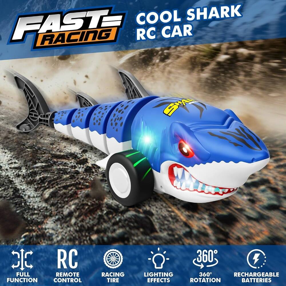 COOL SHARK FAST RACING RC CAR  
SHARK RC  
FULL REMOTE FUNCTION CONTROL  
RACING TIRE  
360° LIGHTING EFFECTS  
360° ROTATION  
RECHARGEABLE BATTERIES