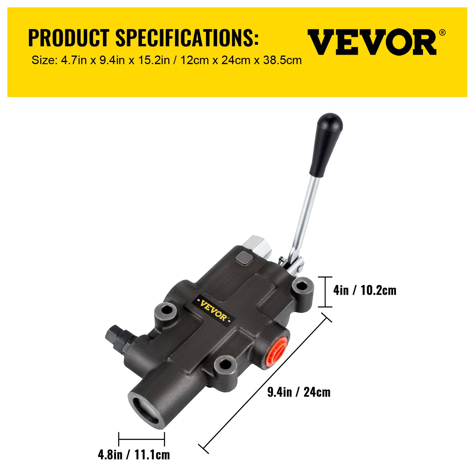PRODUCT SPECIFICATIONS:  
VEVOR  
Size: 4.7in x 9.4in x 15.2in / 12cm x 24cm x 38.5cm  

4in / 10.2cm  
9.4in / 24cm  
4.8in / 11.1cm