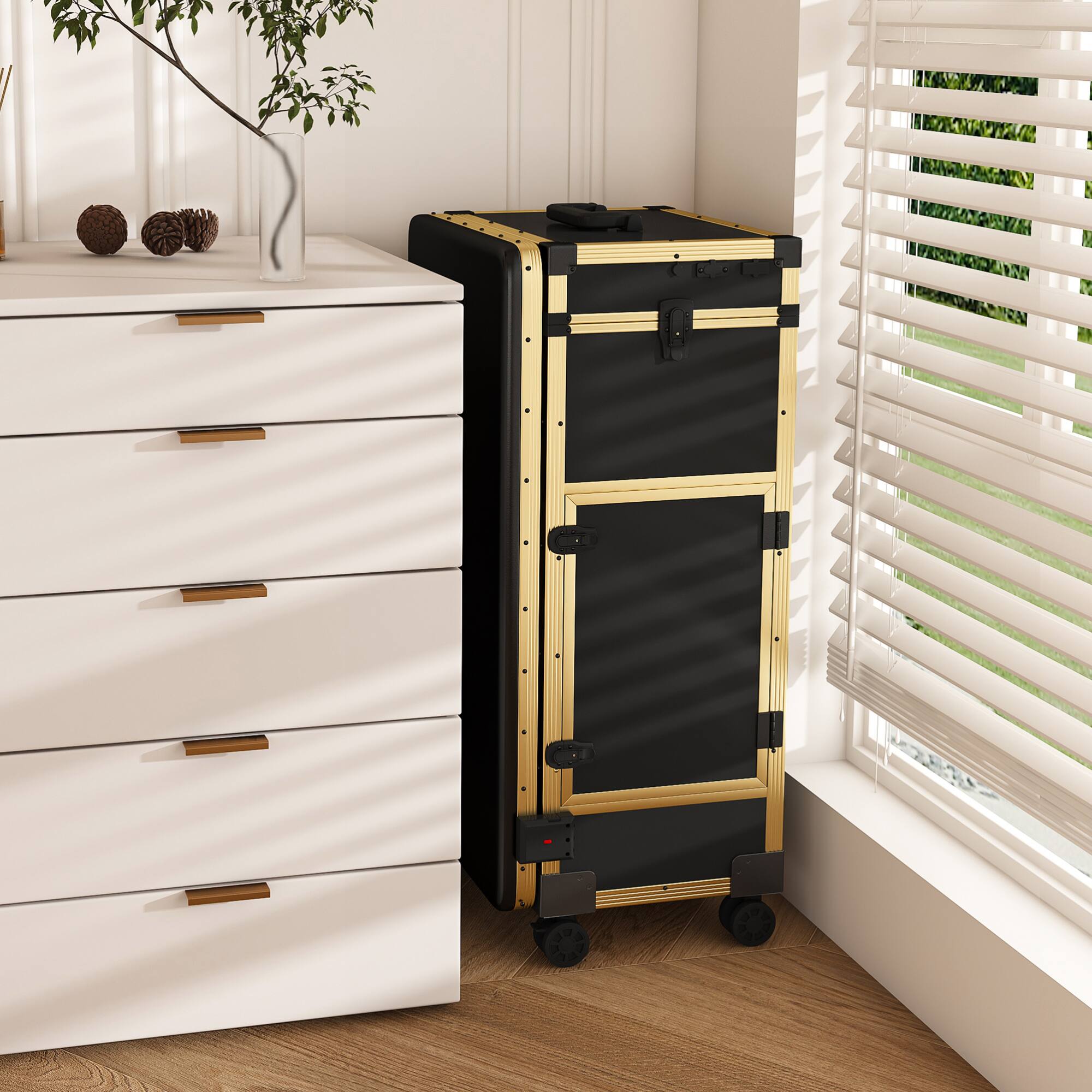 Alt View 1. GOODSILO - Professional Folding Nail Art Table with LED Mirror Bluetooth Speaker Lockable Drawers Telescopic Pole Salon Station - Black+Gold.