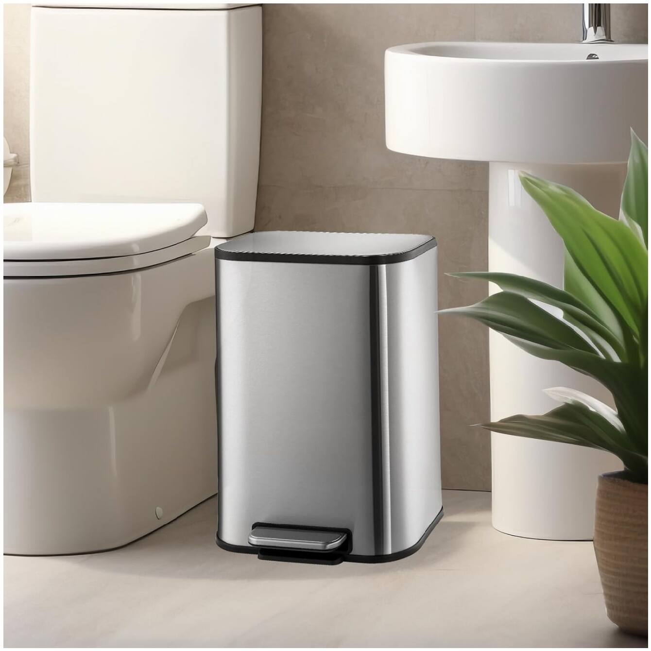 Angle. GARVEE - 3.2 Gallon Kitchen Trash Can with Soft Close Lid, Stainless Steel 12L Garbage Can - Silver.